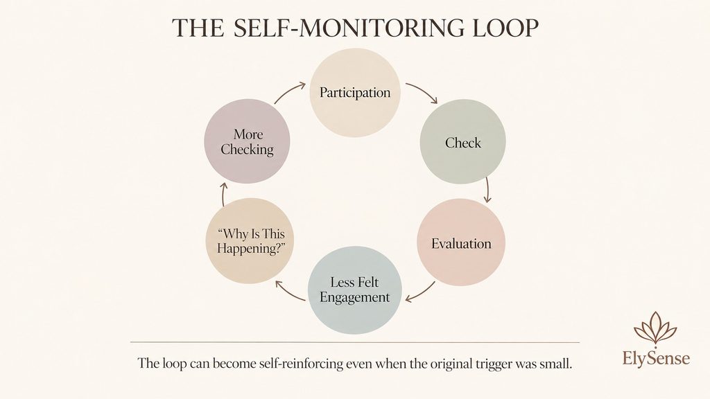 The self-monitoring loop moves from participation to checking, evaluation, less felt engagement, wondering why, and more checking.